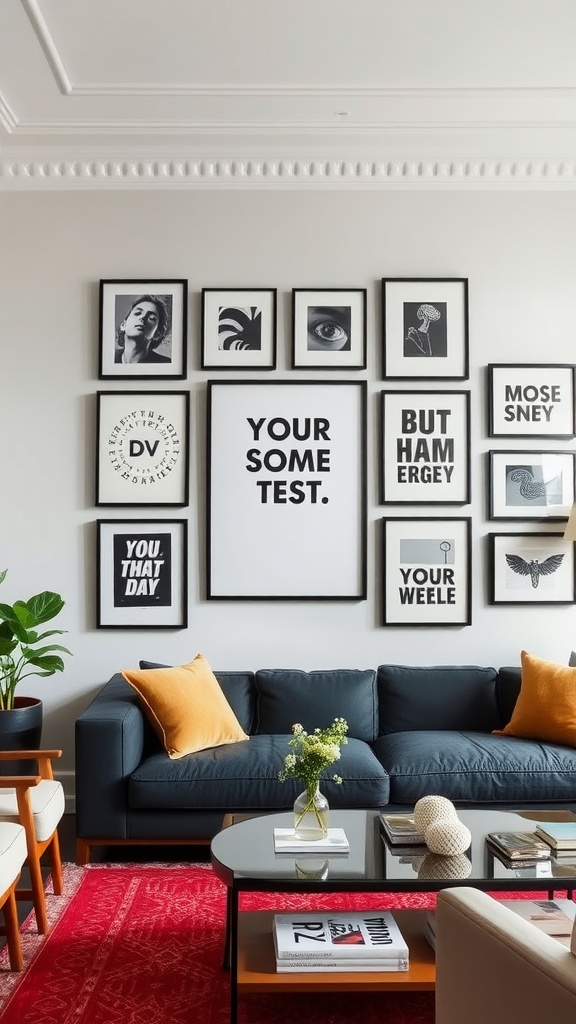 A stylish living room with a gallery wall of creative framed art prints.