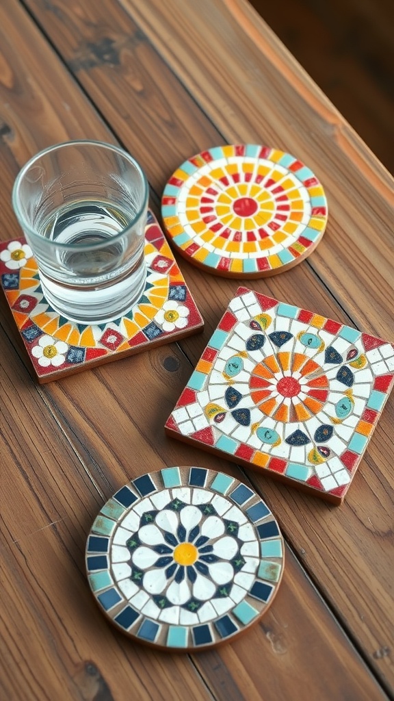 Colorful DIY mosaic coasters on a wooden table.