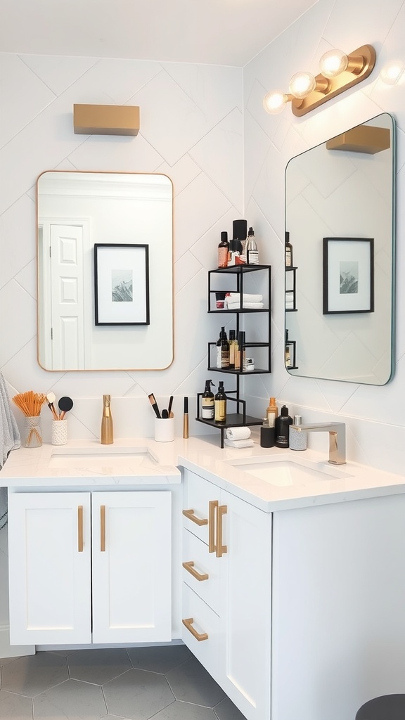 A modern bathroom with a dual-sink vanity and chic makeup station, featuring stylish mirrors and organized shelves.