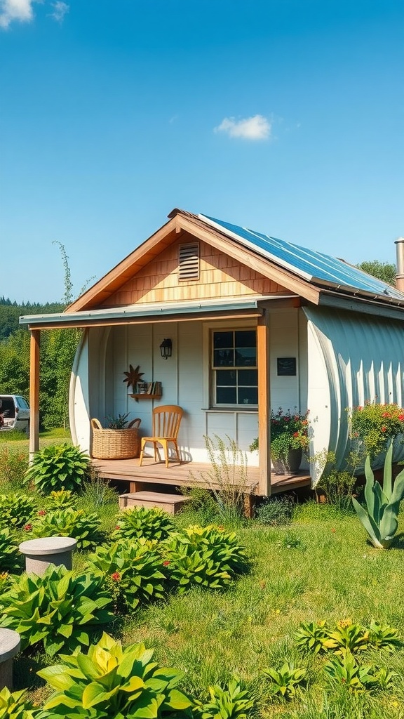 Eco-friendly Quonset hut home with solar panels and lush garden