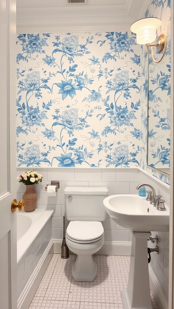 A bathroom featuring blue and white floral wallpaper, a white sink, toilet, and bathtub.