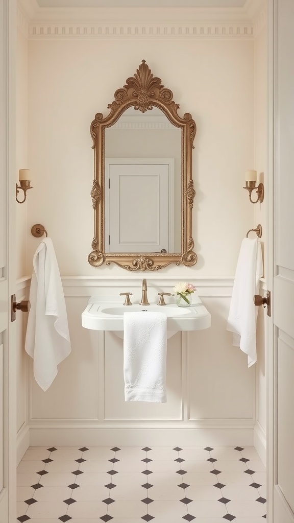 A bathroom featuring creamy white walls, a stylish mirror, and black and white flooring.