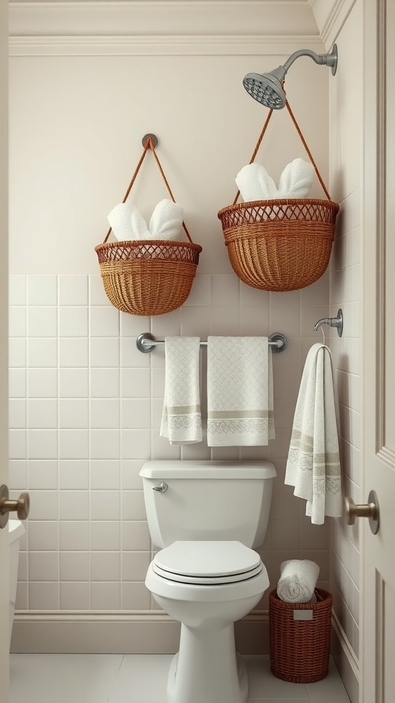 Two hanging wicker baskets filled with rolled white towels in a stylish bathroom setting.