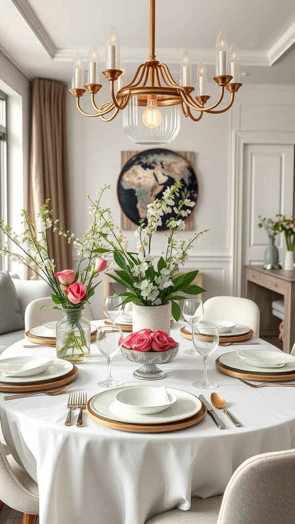 A beautifully set dining table featuring elegant flower arrangements and stylish tableware.