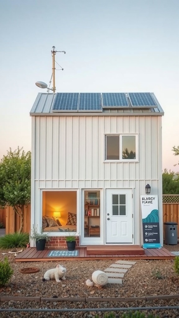 A small, energy-efficient metal building home with solar panels on the roof, featuring a cozy front porch and modern landscaping.