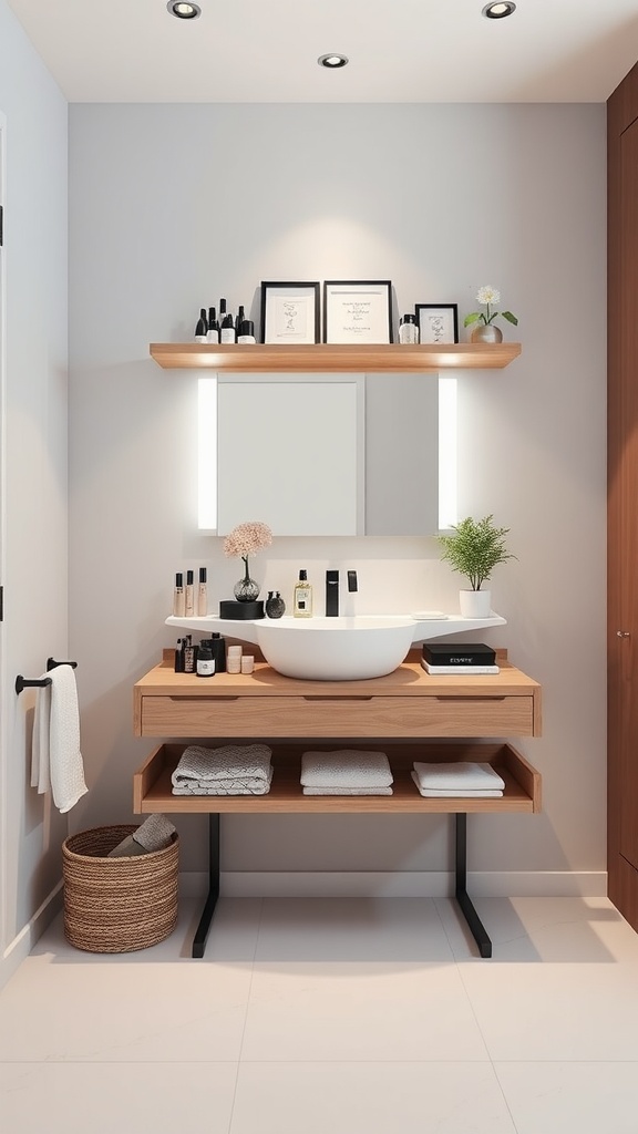 A modern bathroom featuring a floating vanity with open shelving, a large mirror, and stylish decor.