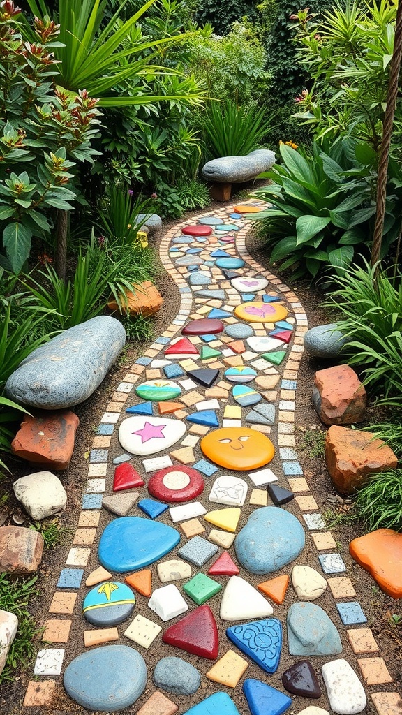 Colorful mosaic pathway in a lush garden