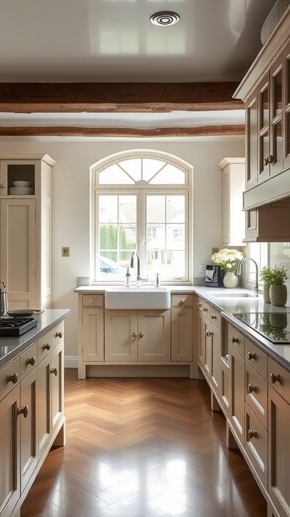 A bright kitchen with wooden beams, light cabinets, and a view of the outdoors.