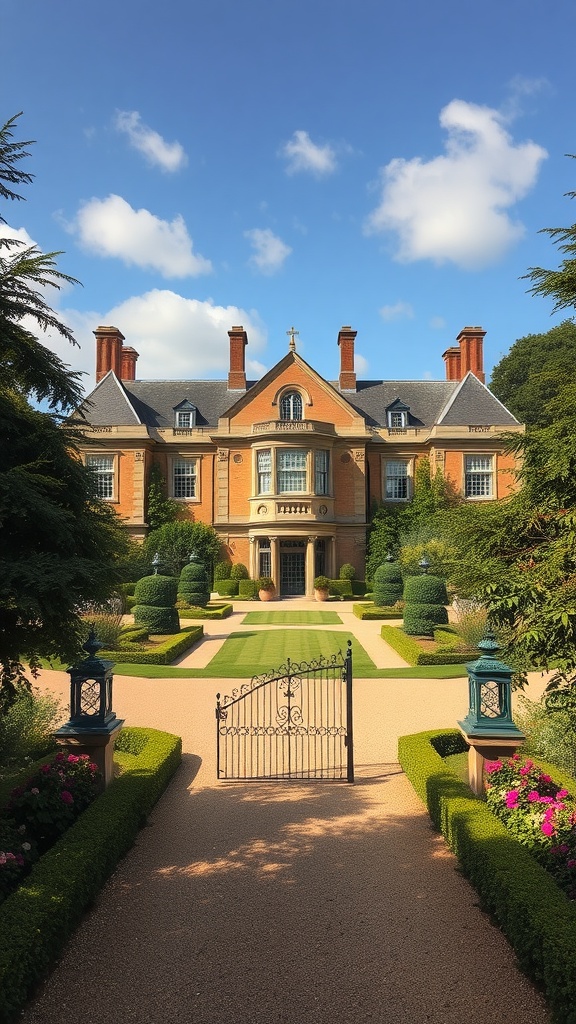 A grand English manor house with elegant architecture and a well-kept garden.