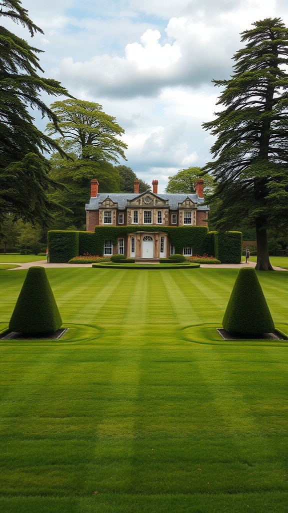 A grand manor house with expansive green lawns and trimmed hedges.