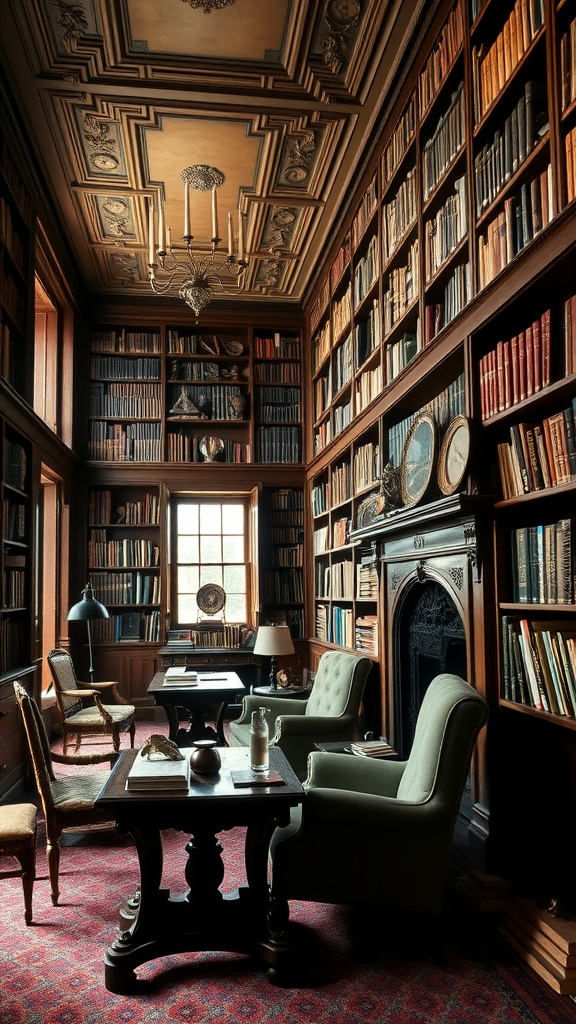 An elegant historic library with wooden bookshelves, comfortable seating, and a warm atmosphere.