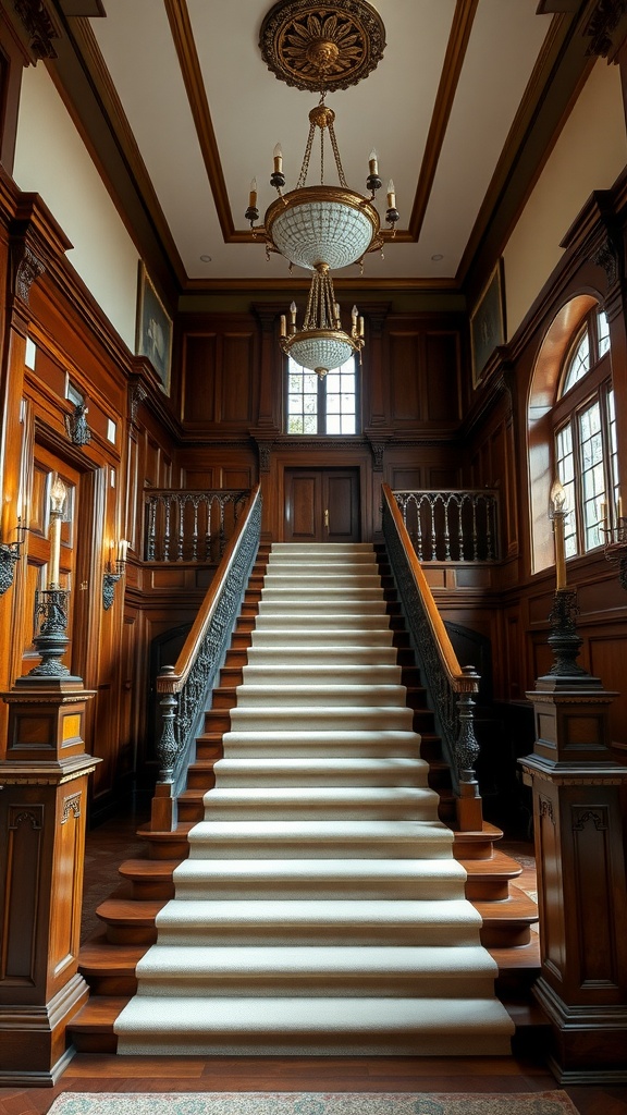 A grand staircase in an elegant manor house, showcasing ornate woodwork and a beautiful chandelier.