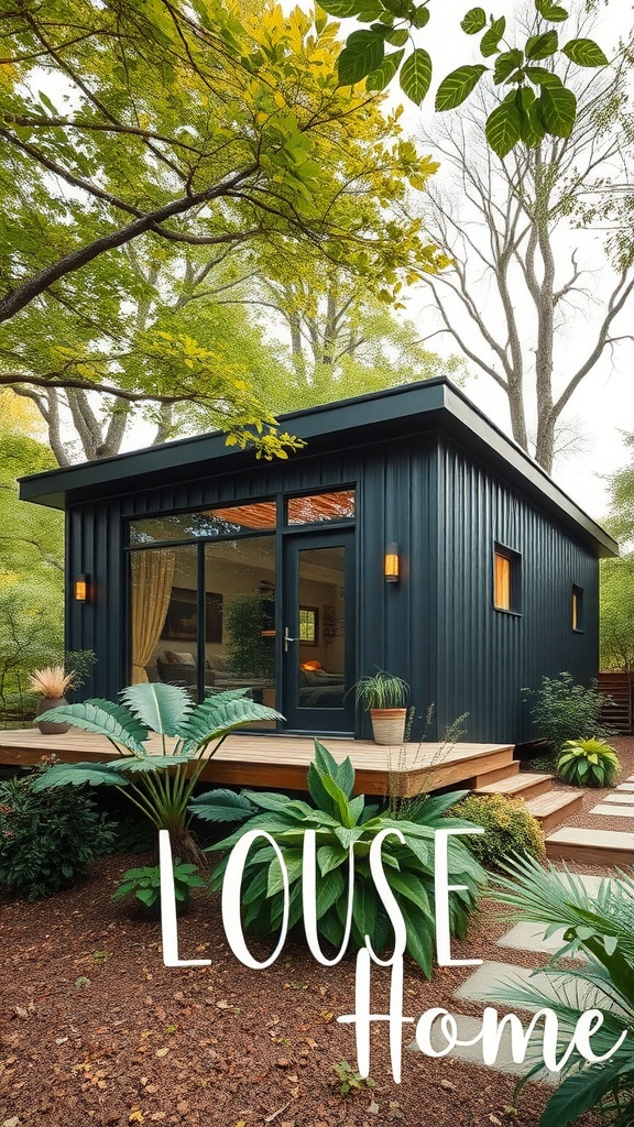 A small metal home surrounded by lush greenery, showcasing a modern design with large windows and a wooden deck.