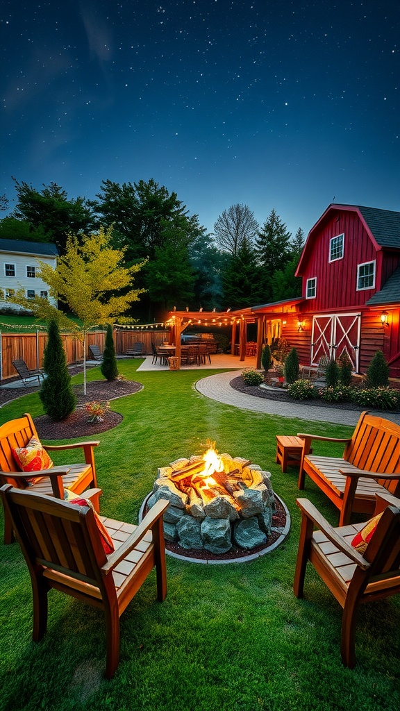 Outdoor fire pit surrounded by wooden chairs in a rustic-modern home setting.