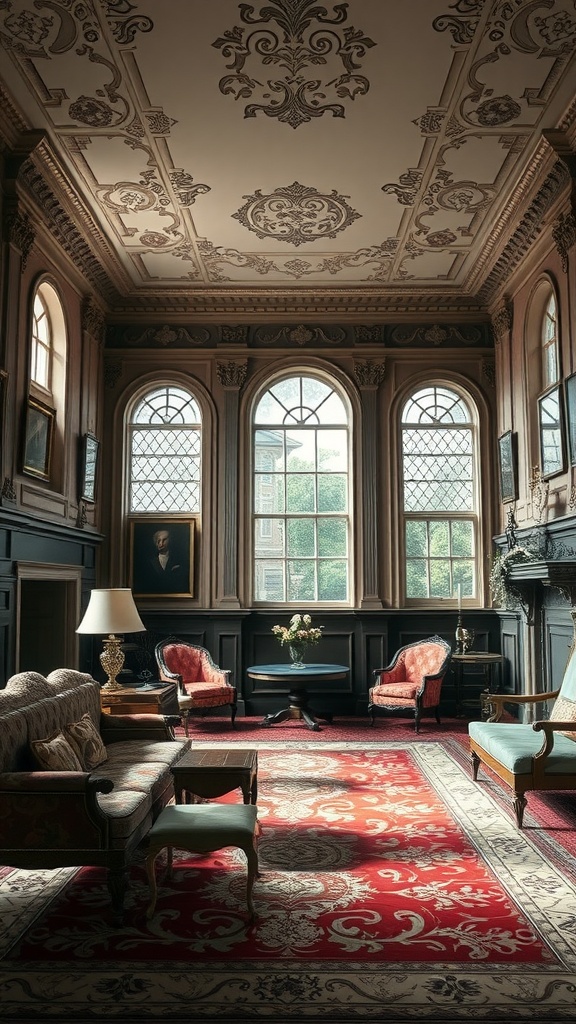 Interior of a lavish manor with ornate ceiling and elegant furnishings.