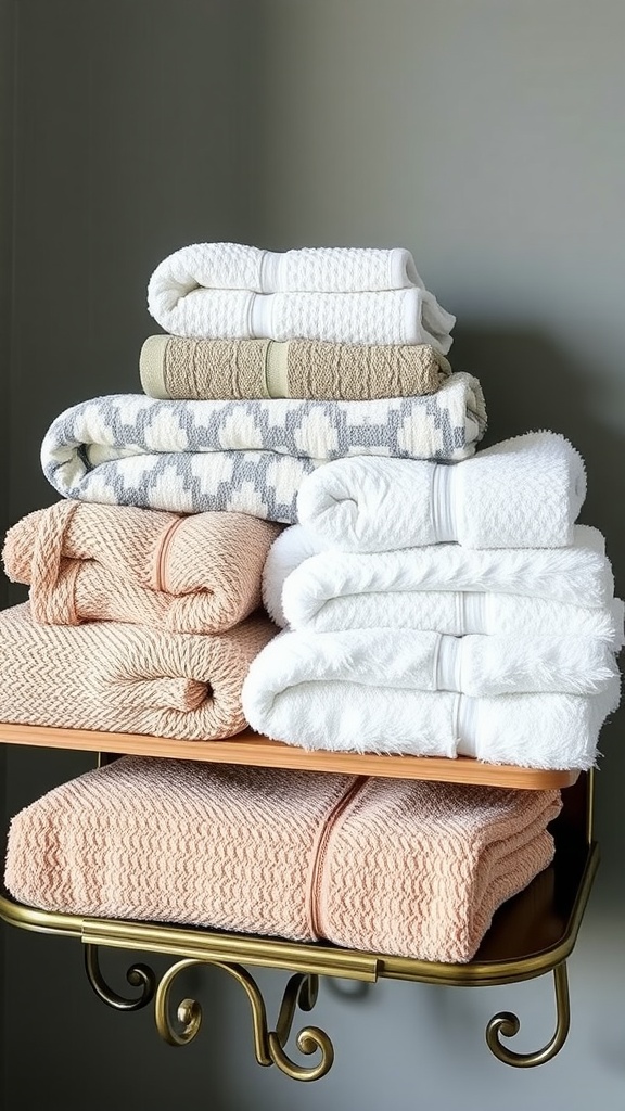 Stacked hand towels of various textures and colors on a shelf.