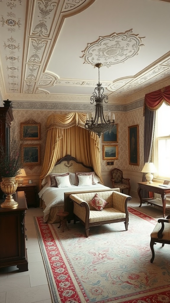 Luxurious bedroom in an English manor house featuring rich fabrics, intricate moldings, and classic furnishings.