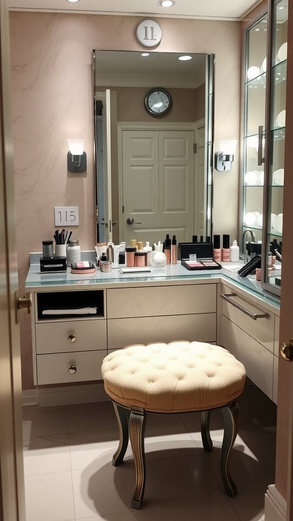 Luxury makeup vanity with an upholstered stool in a stylish bathroom setting