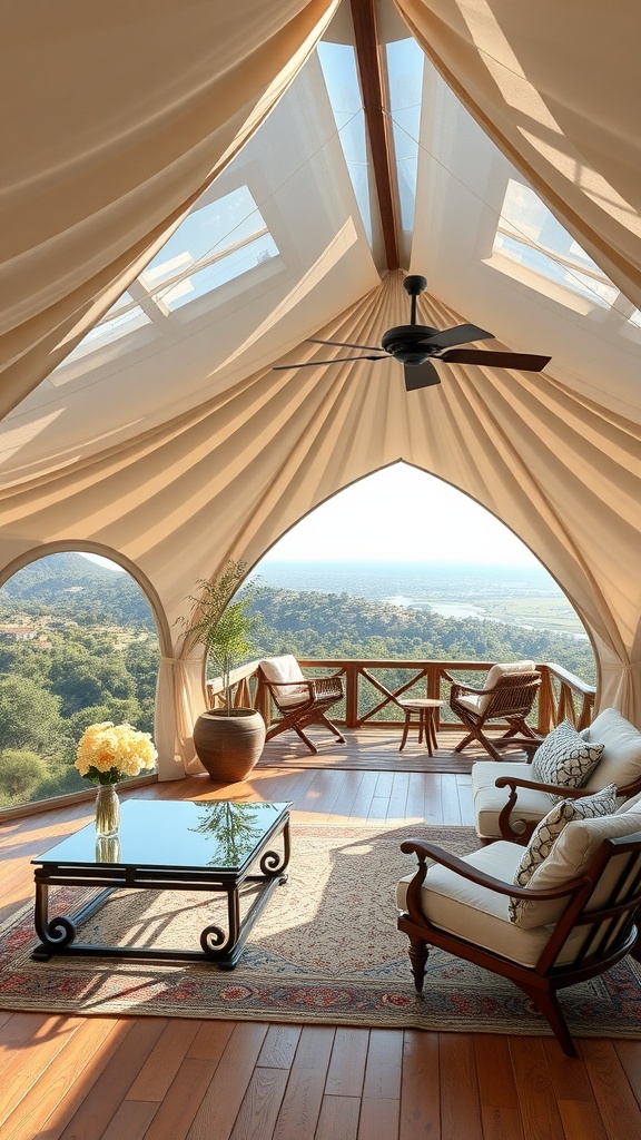 Interior of a luxury Quonset hut with large windows and stylish furnishings overlooking a scenic view.