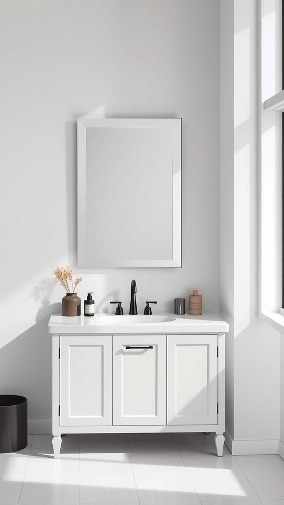 A minimalist bathroom vanity with clean lines, featuring a white cabinet, black faucets, and a simple mirror.