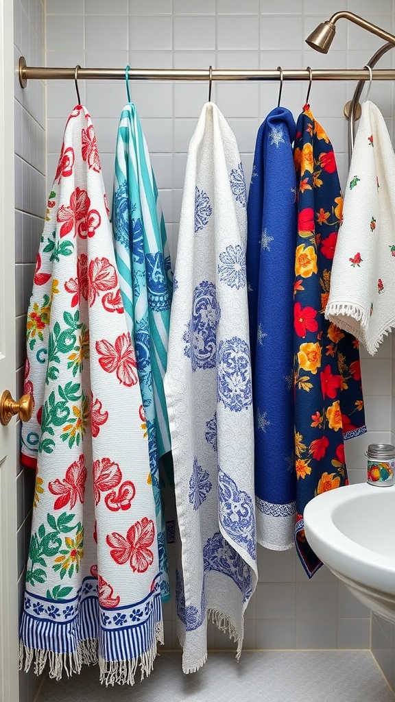 A variety of hand towels in different patterns hanging in a bathroom.