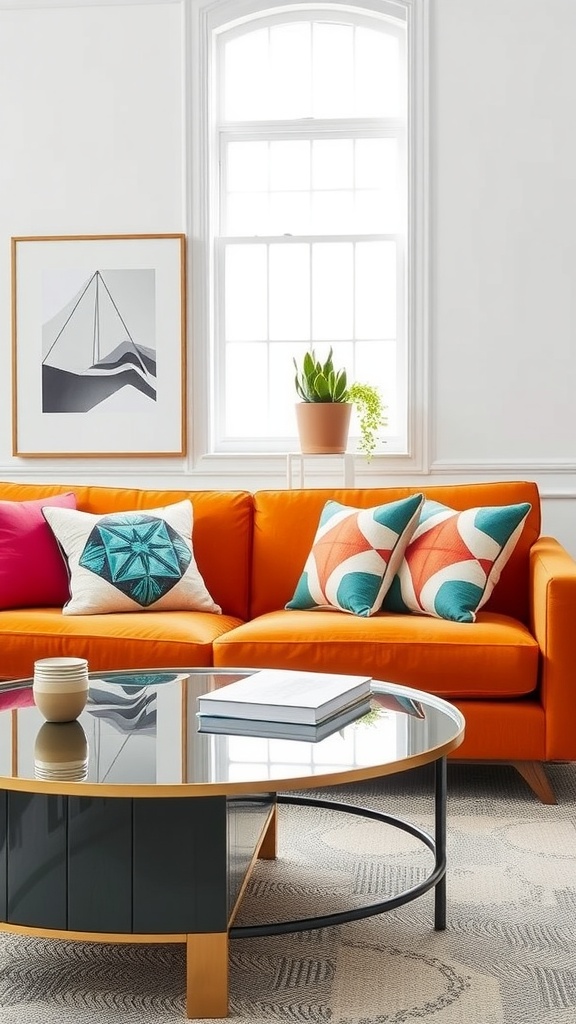 Colorful modern geometric throw pillows on an orange couch