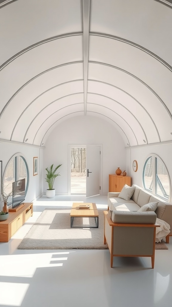 A modern minimalist interior of a Quonset hut with natural light, a sofa, and plants.