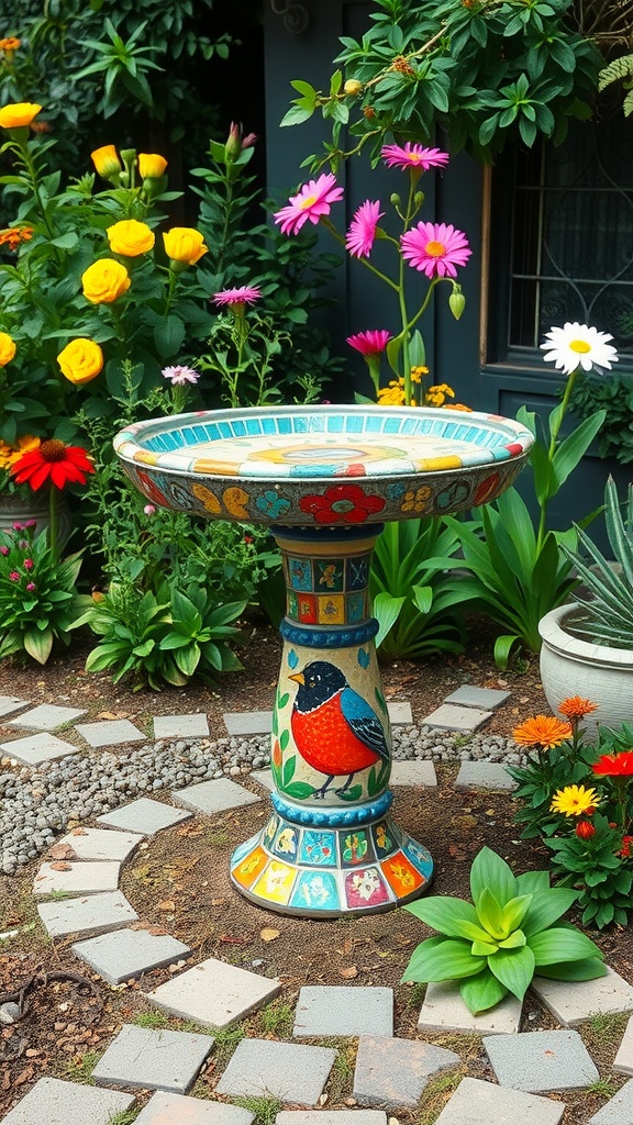 Colorful mosaic bird bath surrounded by flowers in a garden.