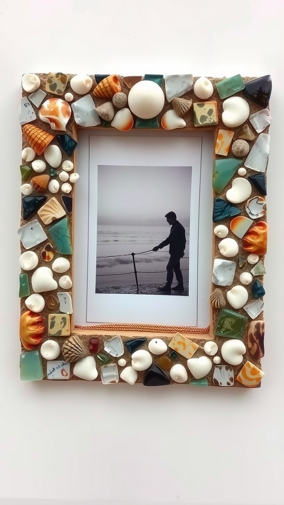 A colorful mosaic picture frame made with various materials, surrounding a photo.