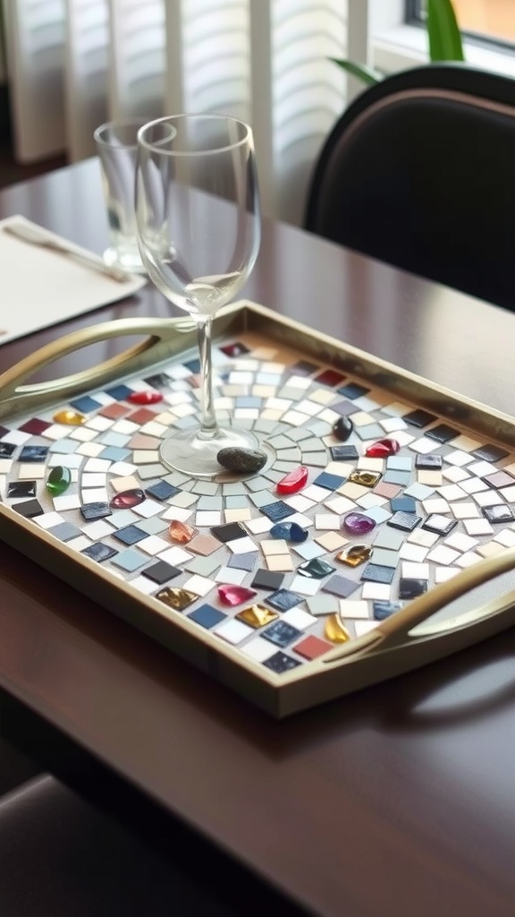 Mosaic serving tray with colorful tiles and glasses on a table.