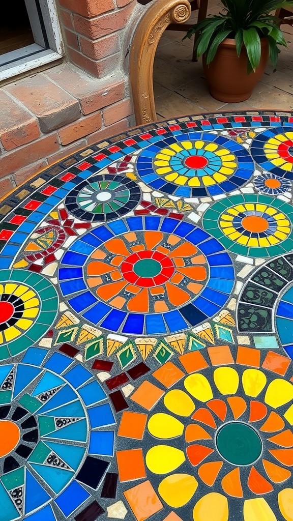 A colorful mosaic tabletop featuring vibrant patterns and designs.