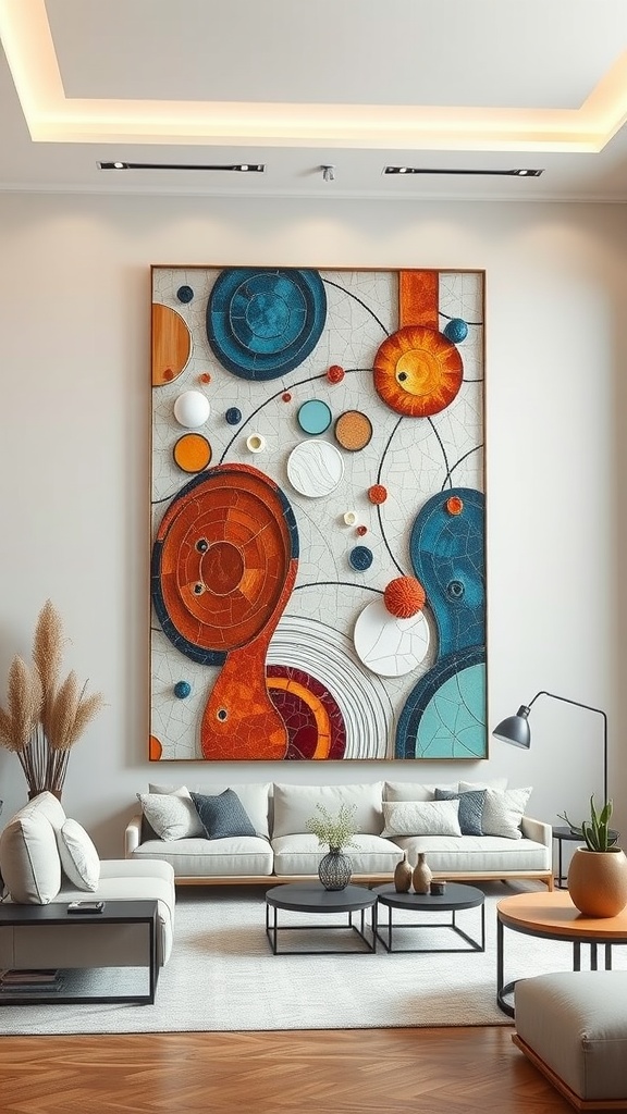 A colorful mosaic wall art panel featuring circular designs in various colors, displayed in a modern living room.