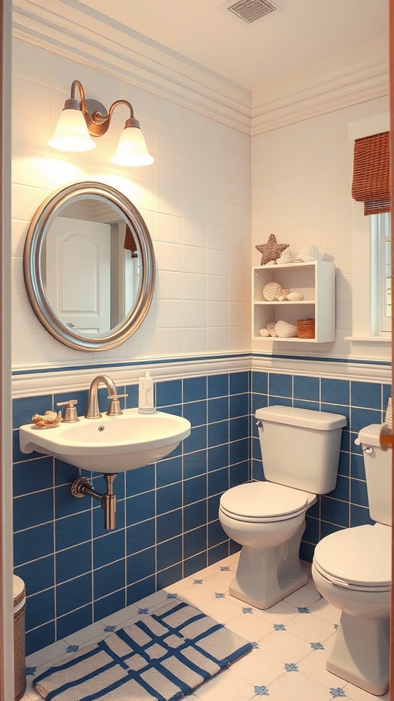 Nautical-themed blue and white bathroom with blue tiles and seashell decor.