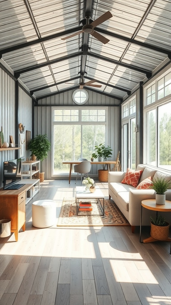 Bright and airy open-concept room in a small metal building home with large windows, modern furniture, and a cozy atmosphere.