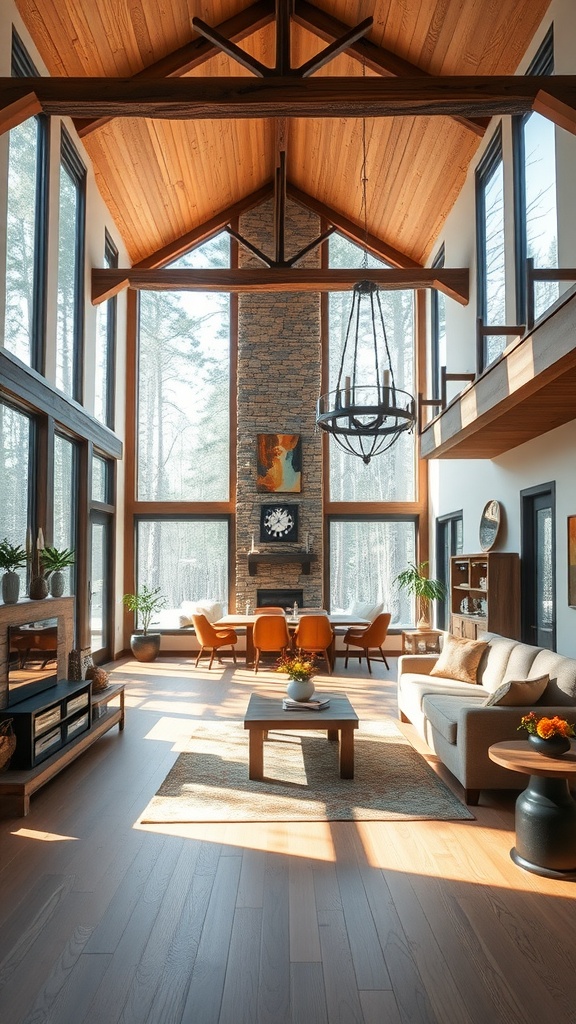 A spacious open living area with large windows, wooden beams, and a modern rustic design.