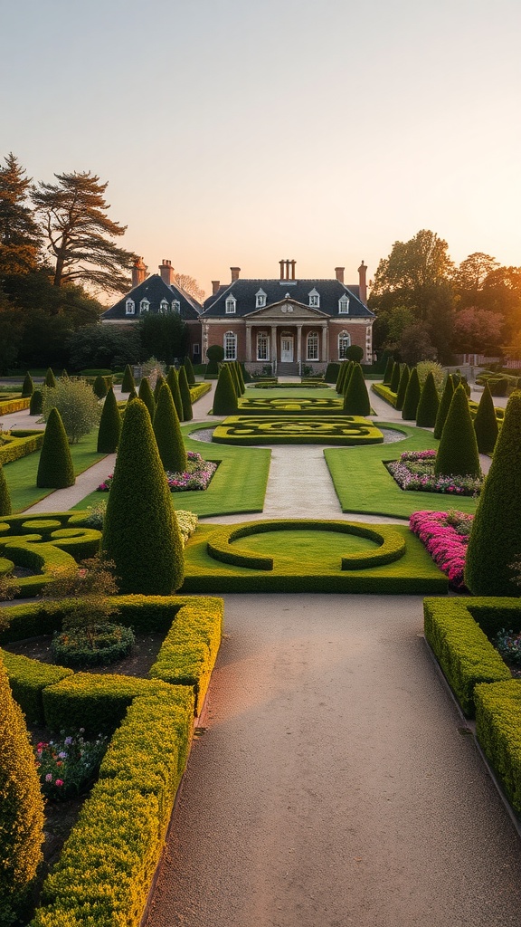 Beautifully landscaped garden with neatly trimmed hedges and colorful flowers surrounding a manor house.