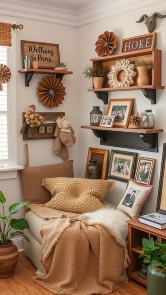 A cozy corner with rustic decor featuring wooden shelves, family photos, and a comfy seating area.