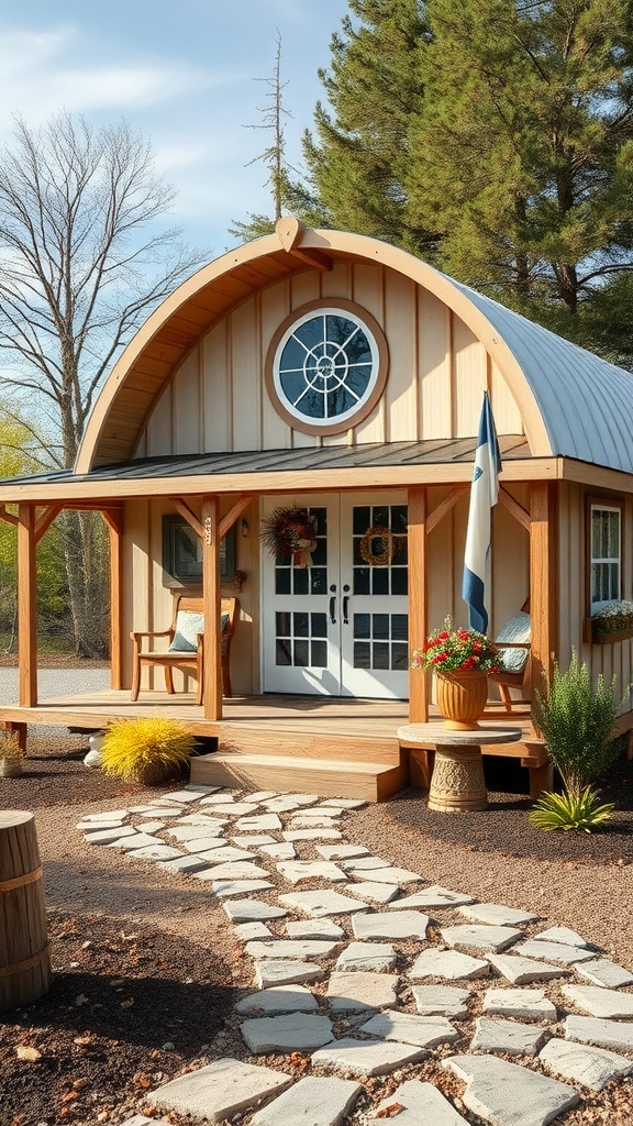 A Quonset hut styled as a farmhouse, featuring a rounded roof and a welcoming porch.