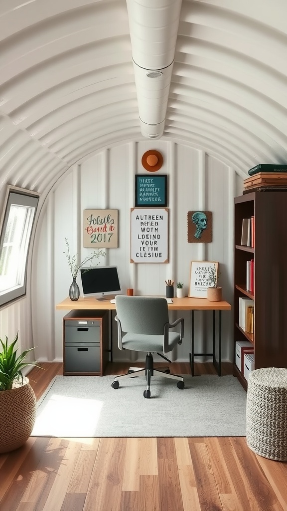 A cozy home office setup inside a Quonset hut, featuring a desk, ergonomic chair, and decorative wall art.