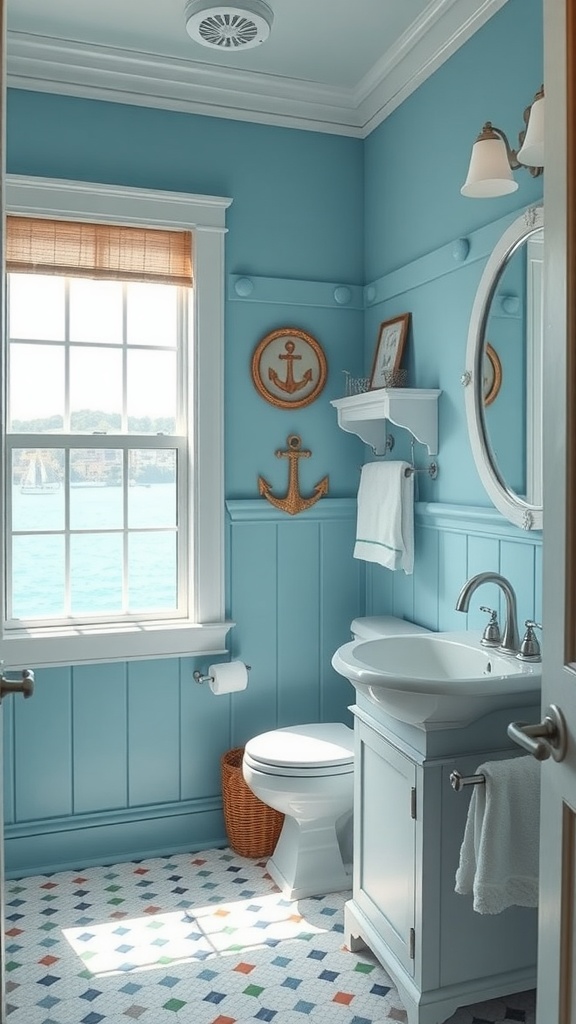 A bathroom with aqua blue walls, nautical decor, and a bright window