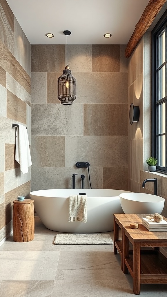 A rustic-modern bathroom featuring stone walls, a freestanding bathtub, and wooden accents.