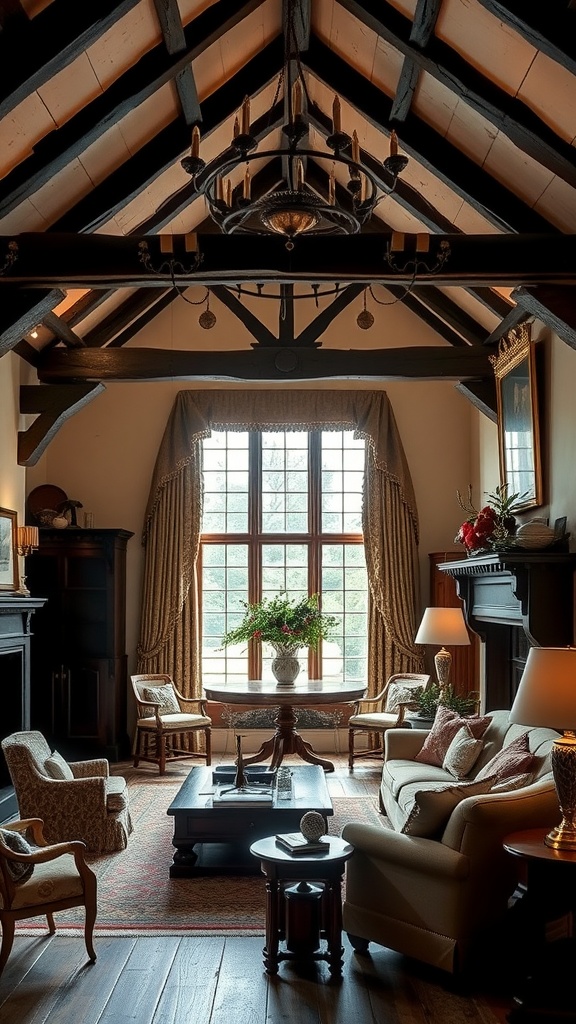 A cozy living room featuring rustic wooden beams, elegant furnishings, and a large window with a floral arrangement.