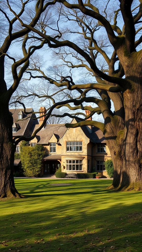 Rustic English manor house surrounded by ancient oak trees.