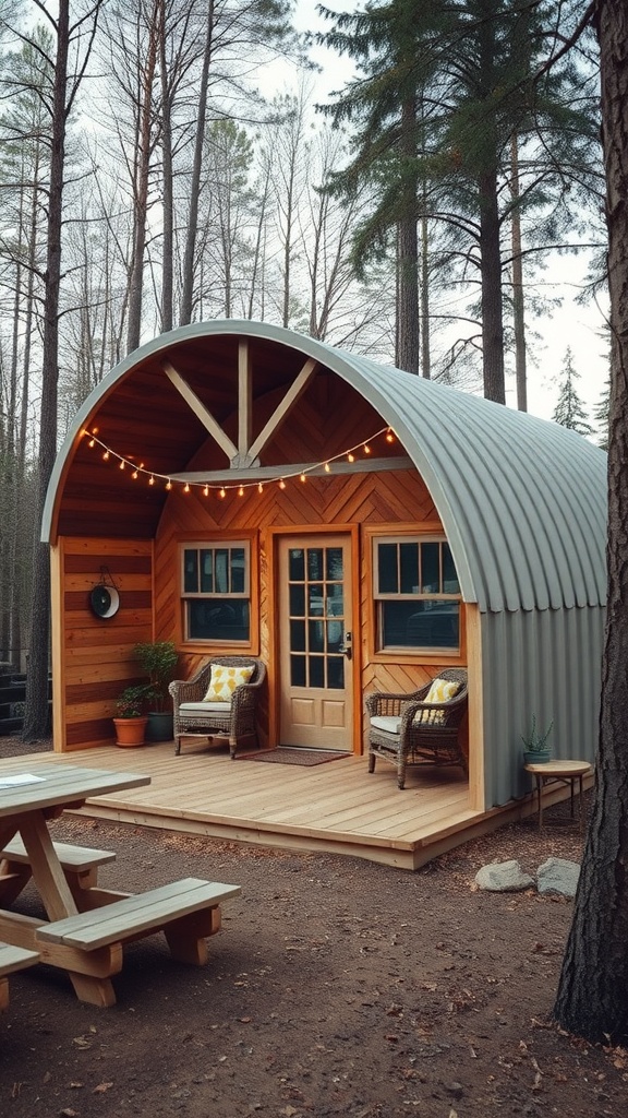 A rustic Quonset hut cabin with wooden accents, surrounded by trees and featuring a cozy porch.