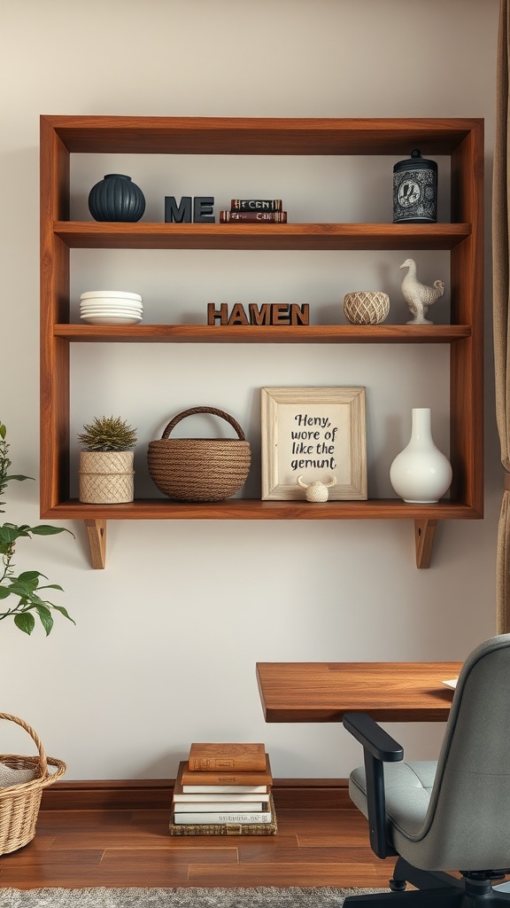 Rustic wooden shelves displaying decorative items and books.