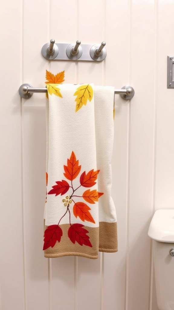 Hand towels with autumn leaves displayed in a bathroom