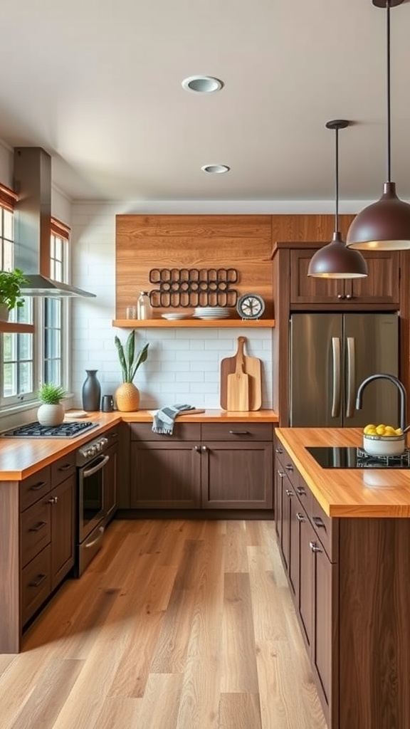 A modern kitchen with wooden cabinets, a sleek countertop, and stylish lighting.