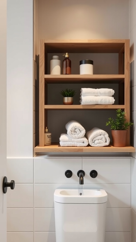 Stylish open shelving displaying neatly rolled hand towels and decorative items in a modern bathroom.