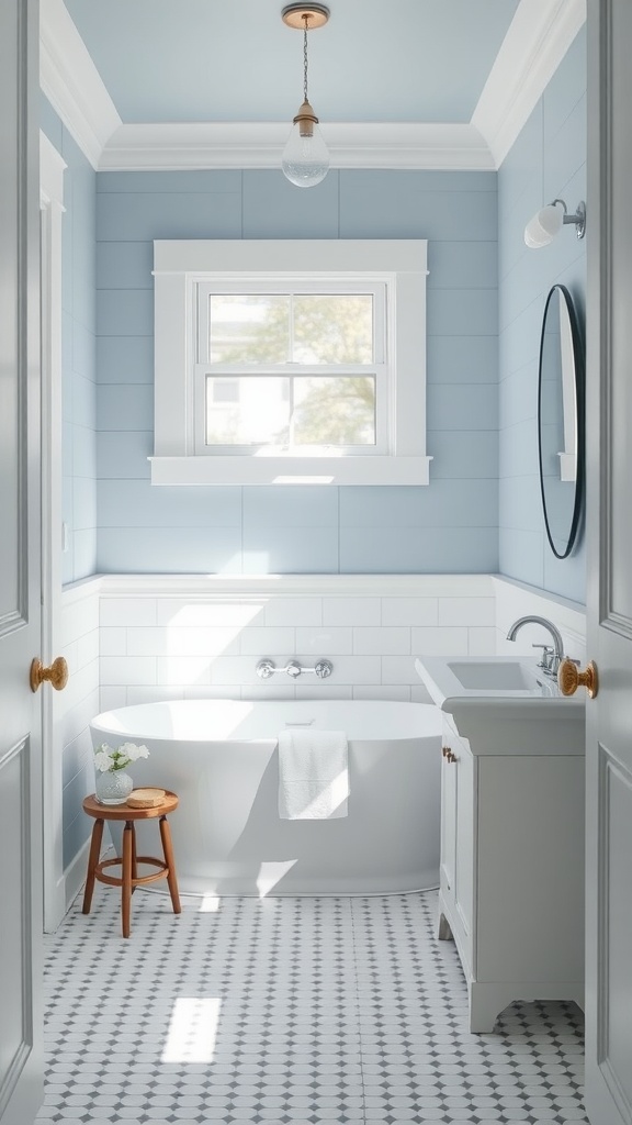 A bathroom featuring soft blue shiplap walls, white fixtures, and a cozy atmosphere.