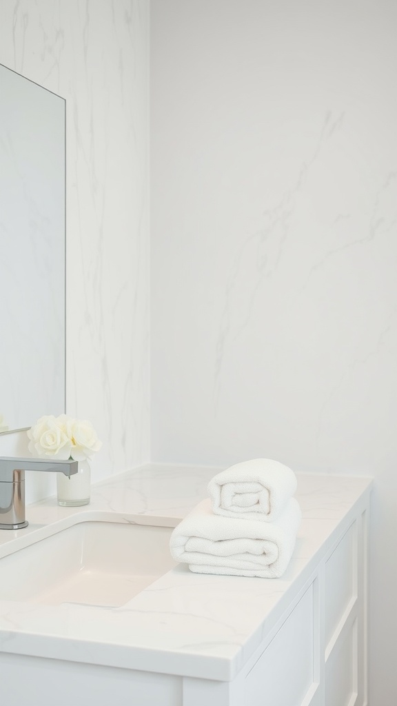 A minimalist bathroom with stacked white towels and flowers.